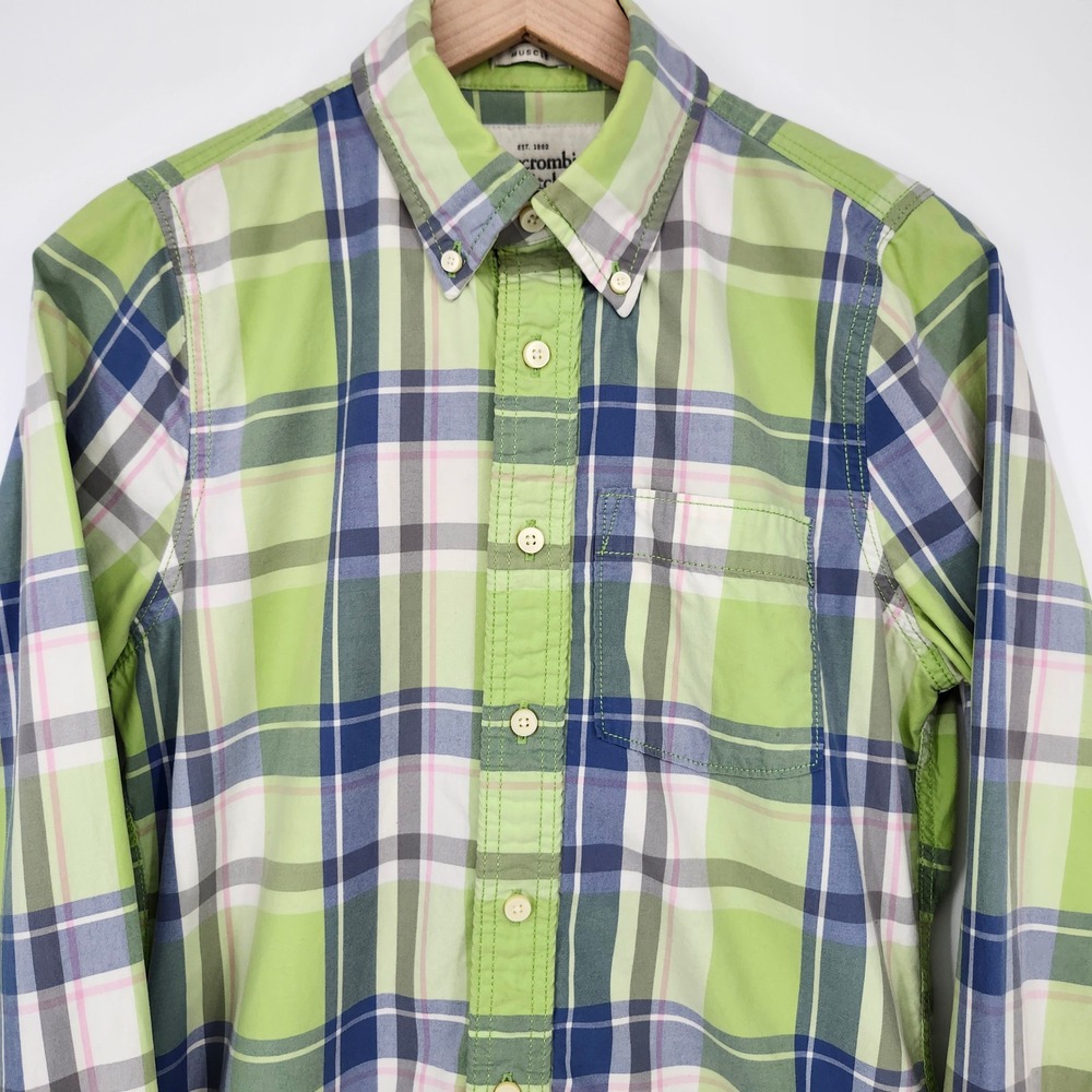 Abercrombie Fitch Mens Muscle Fit Shirt Small Green Blue Plaid Frat Boy Prep - Picture 3 of 10